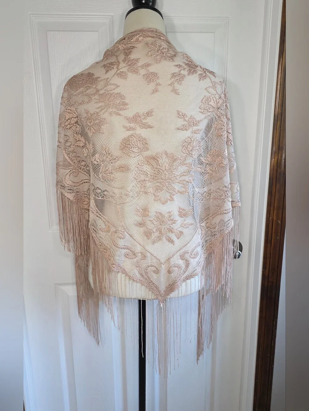 Floral Lace Fringe Shawl Scarf Wrap in Cream Blush Beige